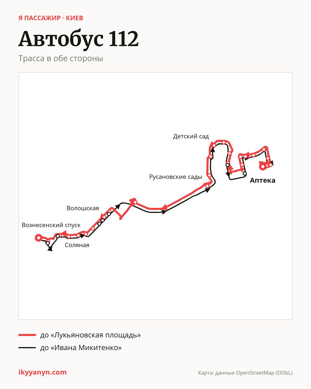 Автобус 112 в Киеве на карте: трасса в обе стороны