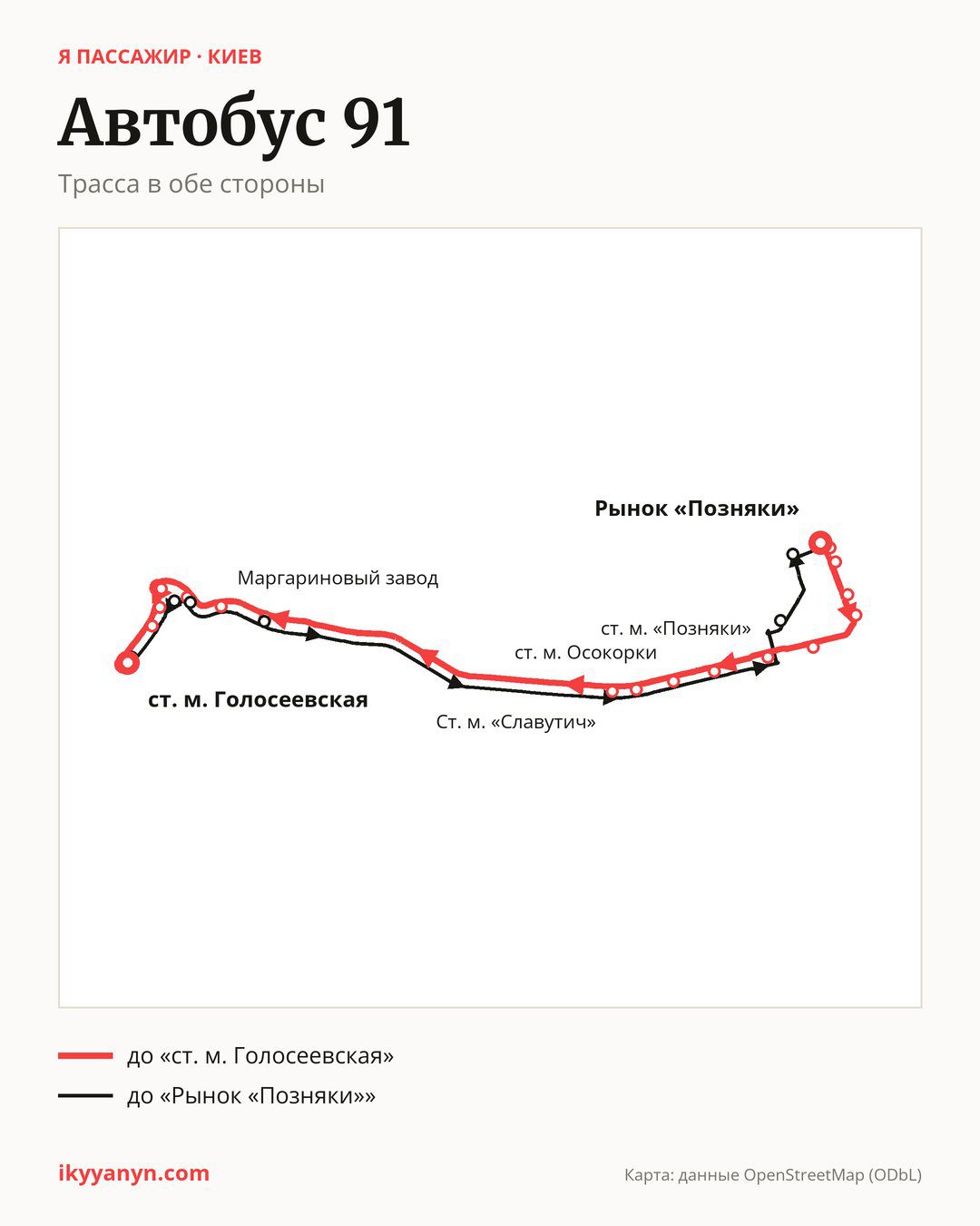 Автобус 91 в Киеве на карте: трасса в обе стороны