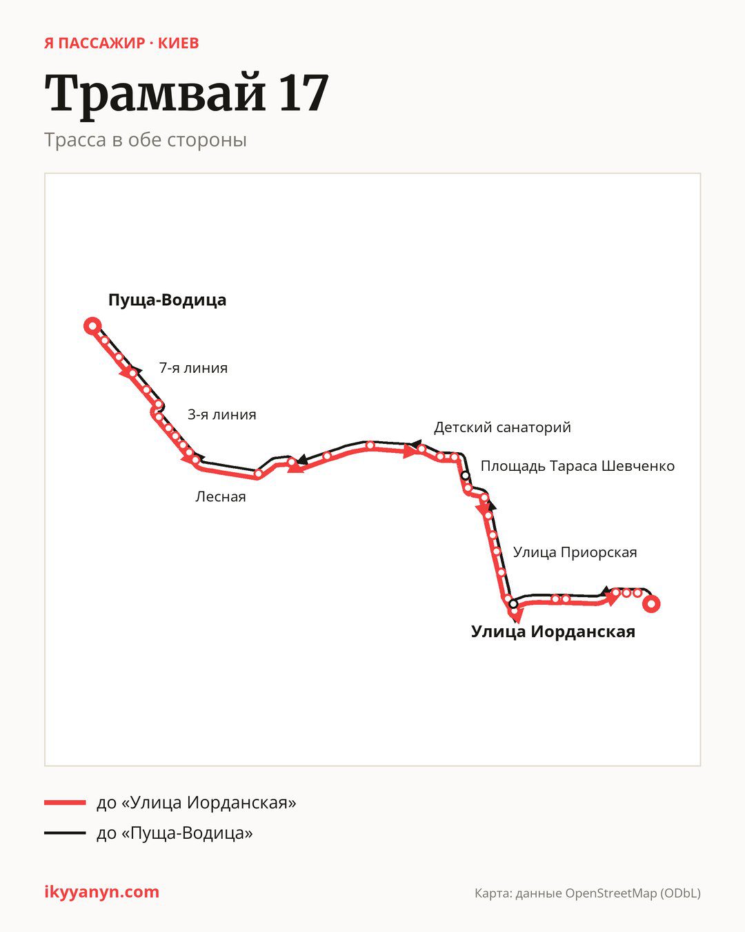 Трамвай 17 в Киеве на карте: трасса в обе стороны