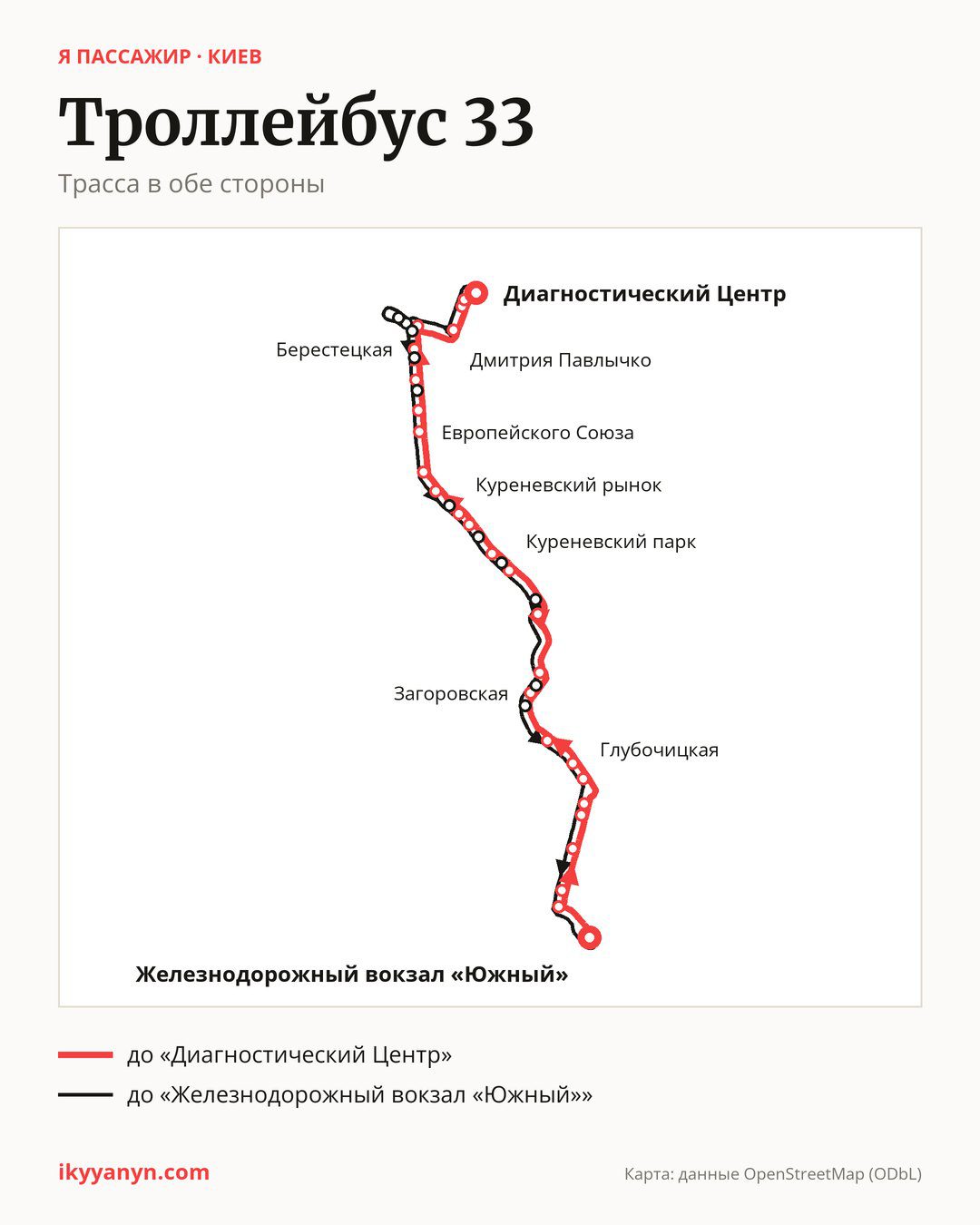Троллейбус 33 в Киеве на карте: трасса в обе стороны