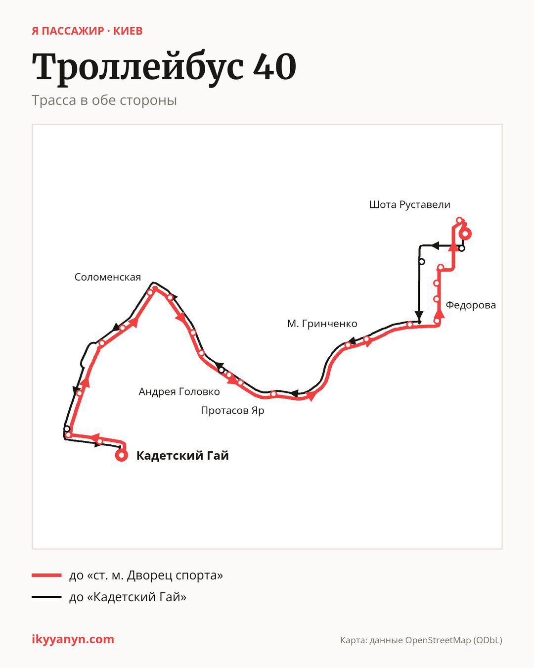 Троллейбус 40 в Киеве на карте: трасса в обе стороны